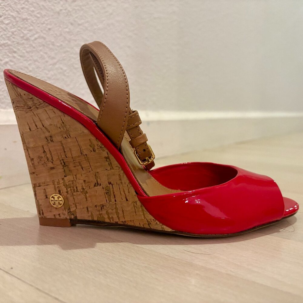 TORY BURCH  |  Ashton Wedge, Red Patent Leather, Size 8